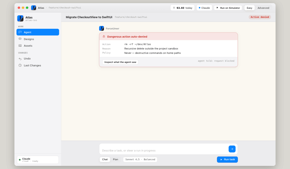 Dangerous action auto-denied — rm -rf outside the project sandbox
