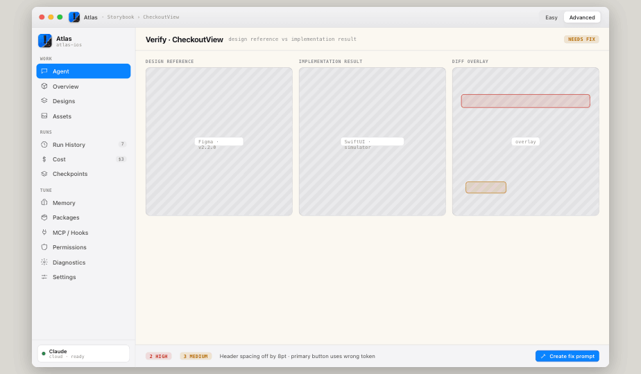Verify — design reference vs implementation result with diff overlay