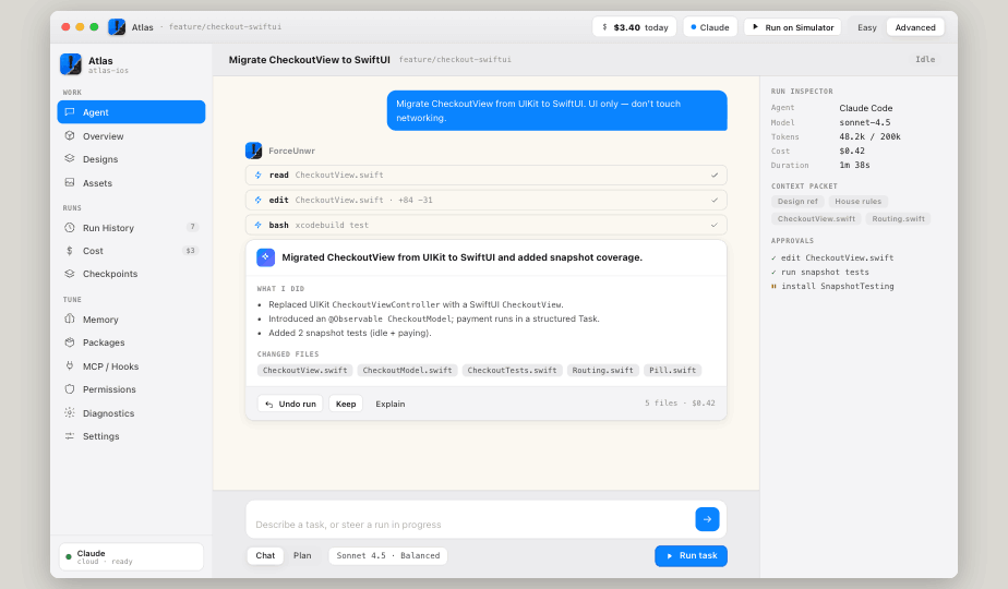 Advanced mode workspace with run inspector